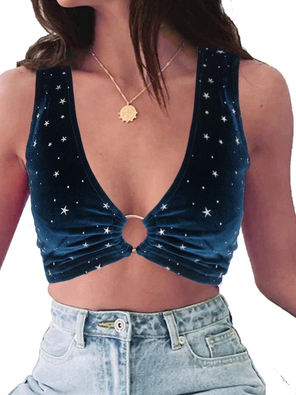 Women‘s Sparkly Festival Rave Outfits Sexy Crop Top Velvet Star Print Medium